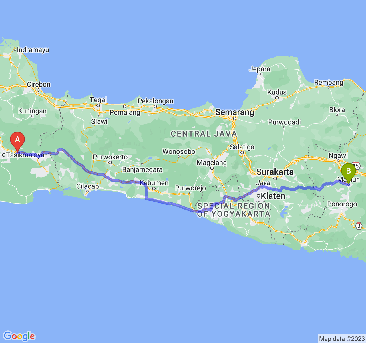 perjalanan dengan rute Kab. Ciamis-Kota Madiun