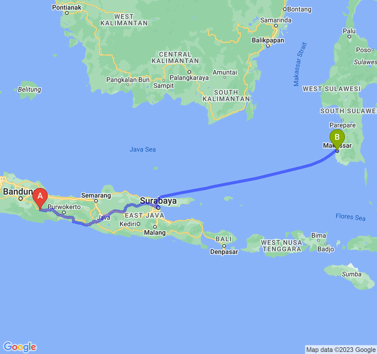 perjalanan dengan rute Kab. Ciamis-Kota Makassar