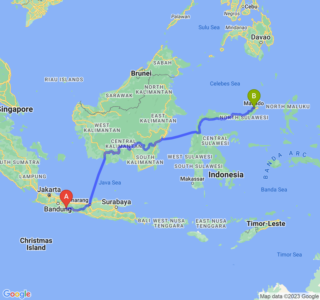 perjalanan dengan rute Kab. Ciamis-Kota Manado