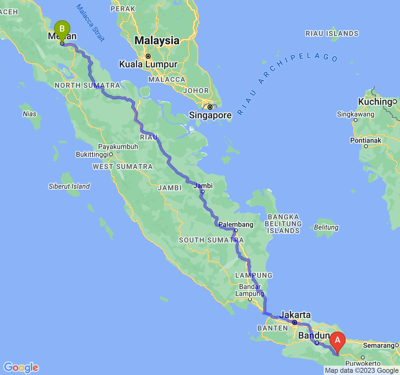 perjalanan dengan rute Kab. Ciamis-Kota Medan