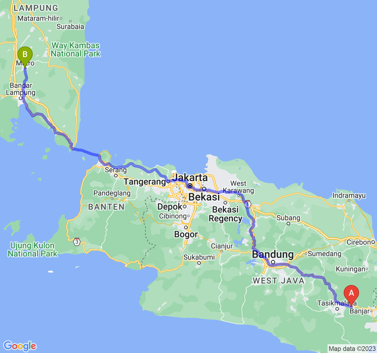 perjalanan dengan rute Kab. Ciamis-Kota Metro