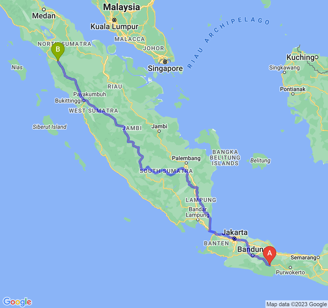 perjalanan dengan rute Kab. Ciamis-Kota Padang Sidimpuan