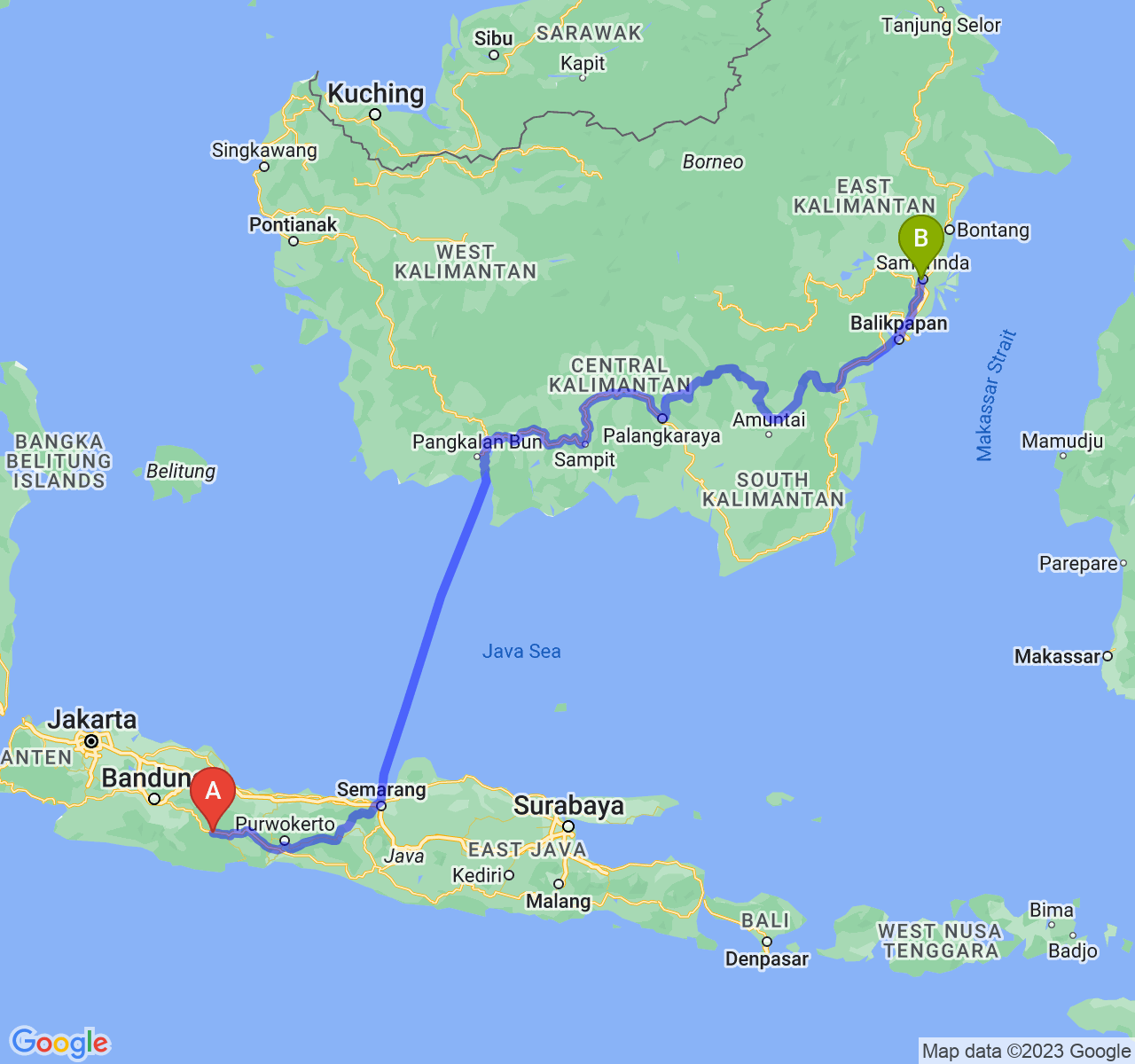 perjalanan dengan rute Kab. Ciamis-Kota Samarinda