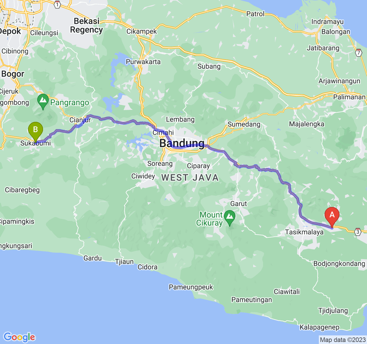 perjalanan dengan rute Kab. Ciamis-Kota Sukabumi