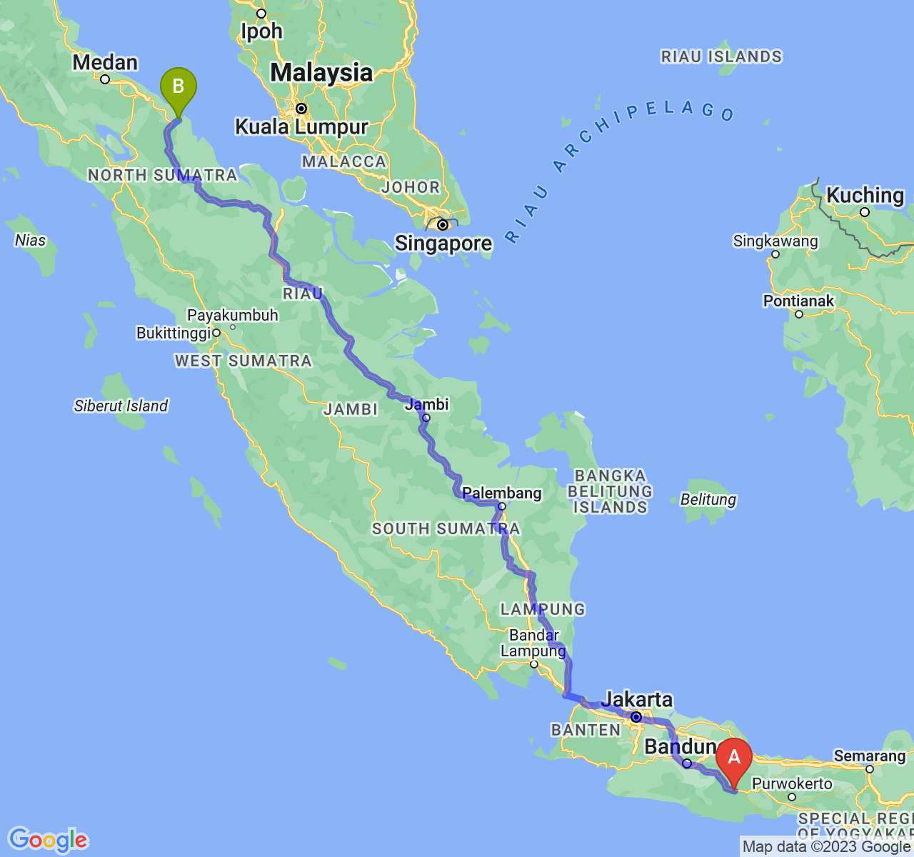 perjalanan dengan rute Kab. Ciamis-Kota Tanjung Balai