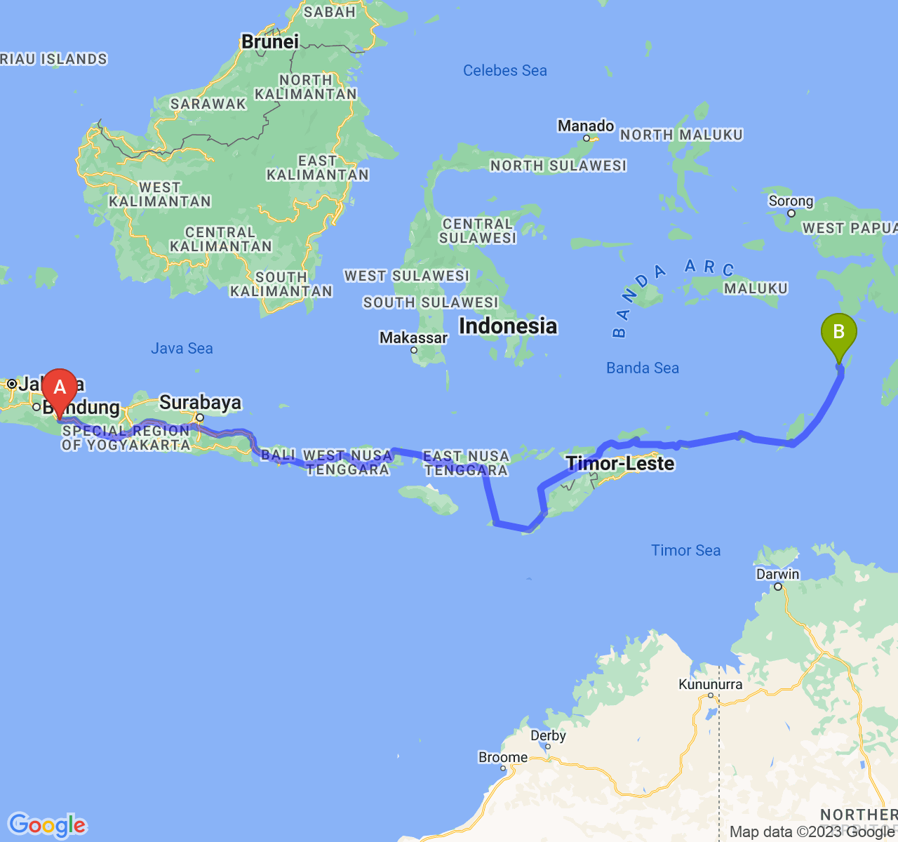 perjalanan dengan rute Kab. Ciamis-Kota Tual