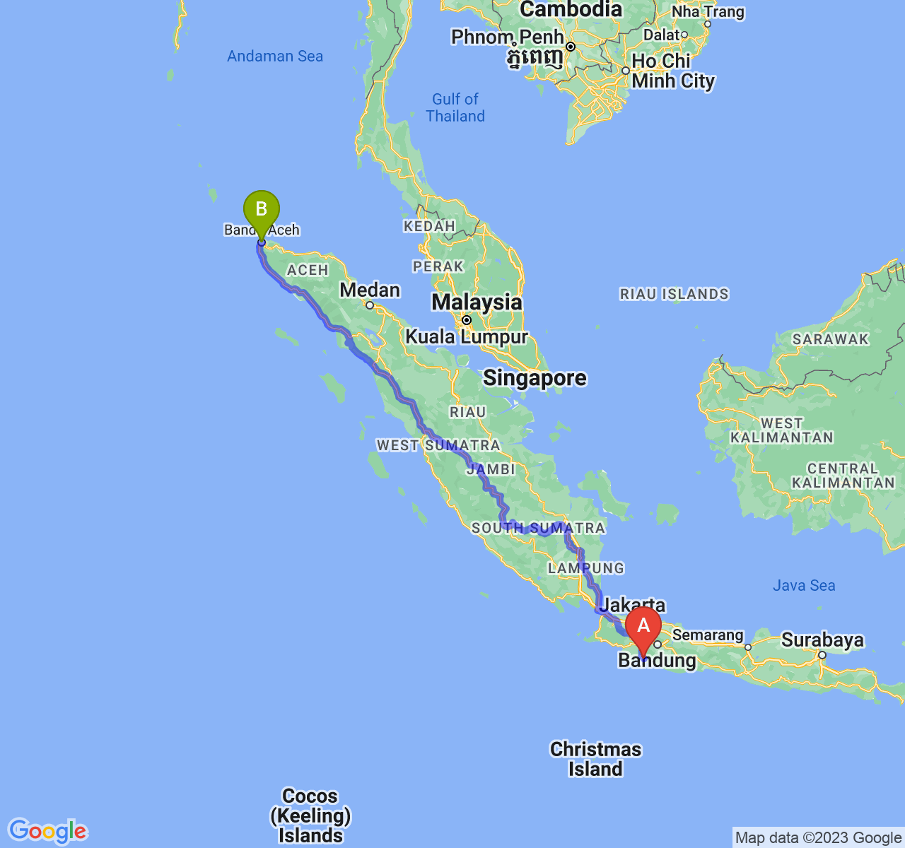 perjalanan dengan rute Kab. Cianjur-Kota Banda Aceh