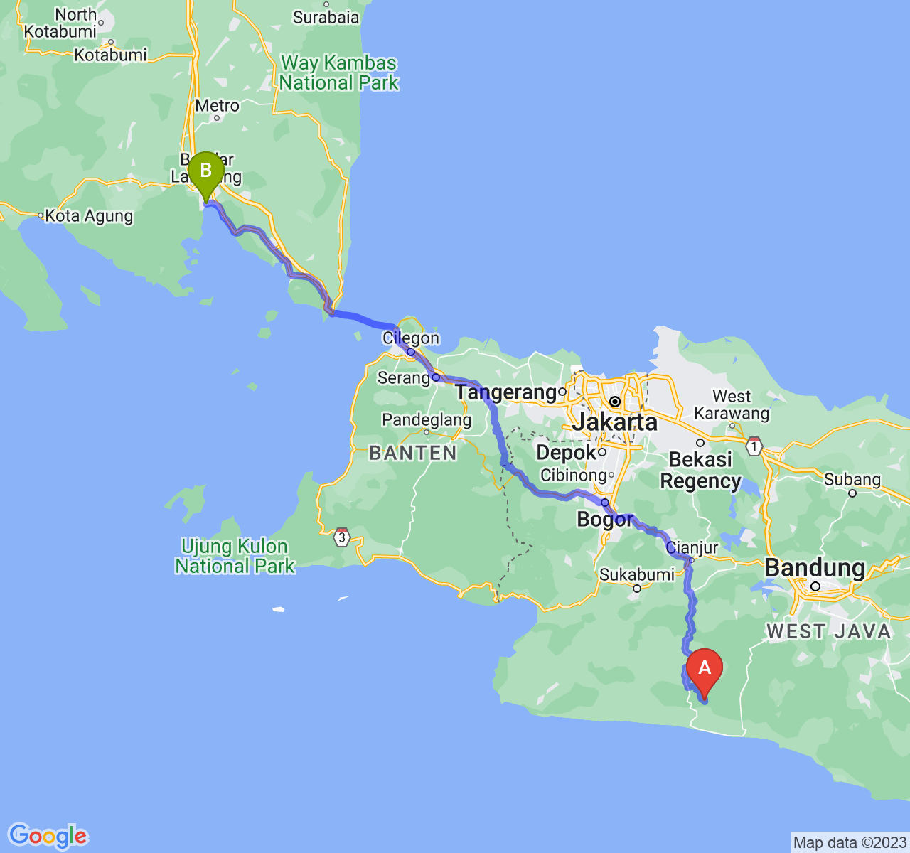 perjalanan dengan rute Kab. Cianjur-Kota Bandar Lampung