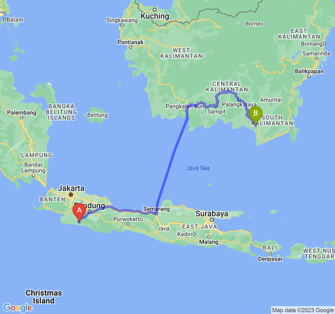 perjalanan dengan rute Kab. Cianjur-Kota Banjarmasin