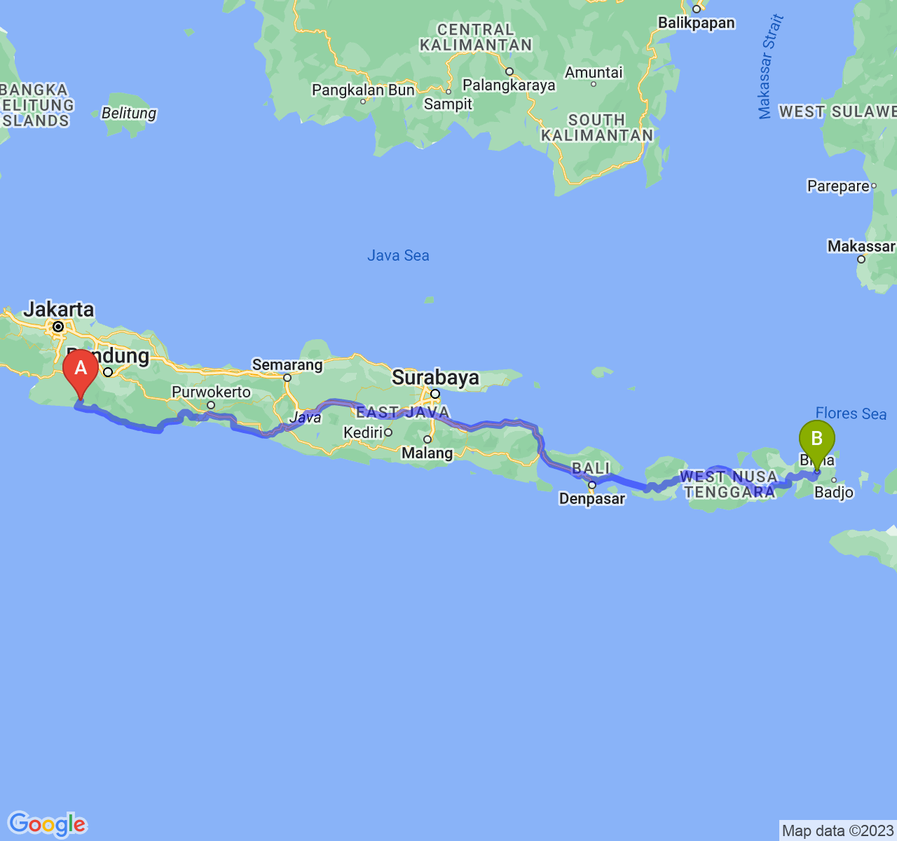 perjalanan dengan rute Kab. Cianjur-Kota Bima