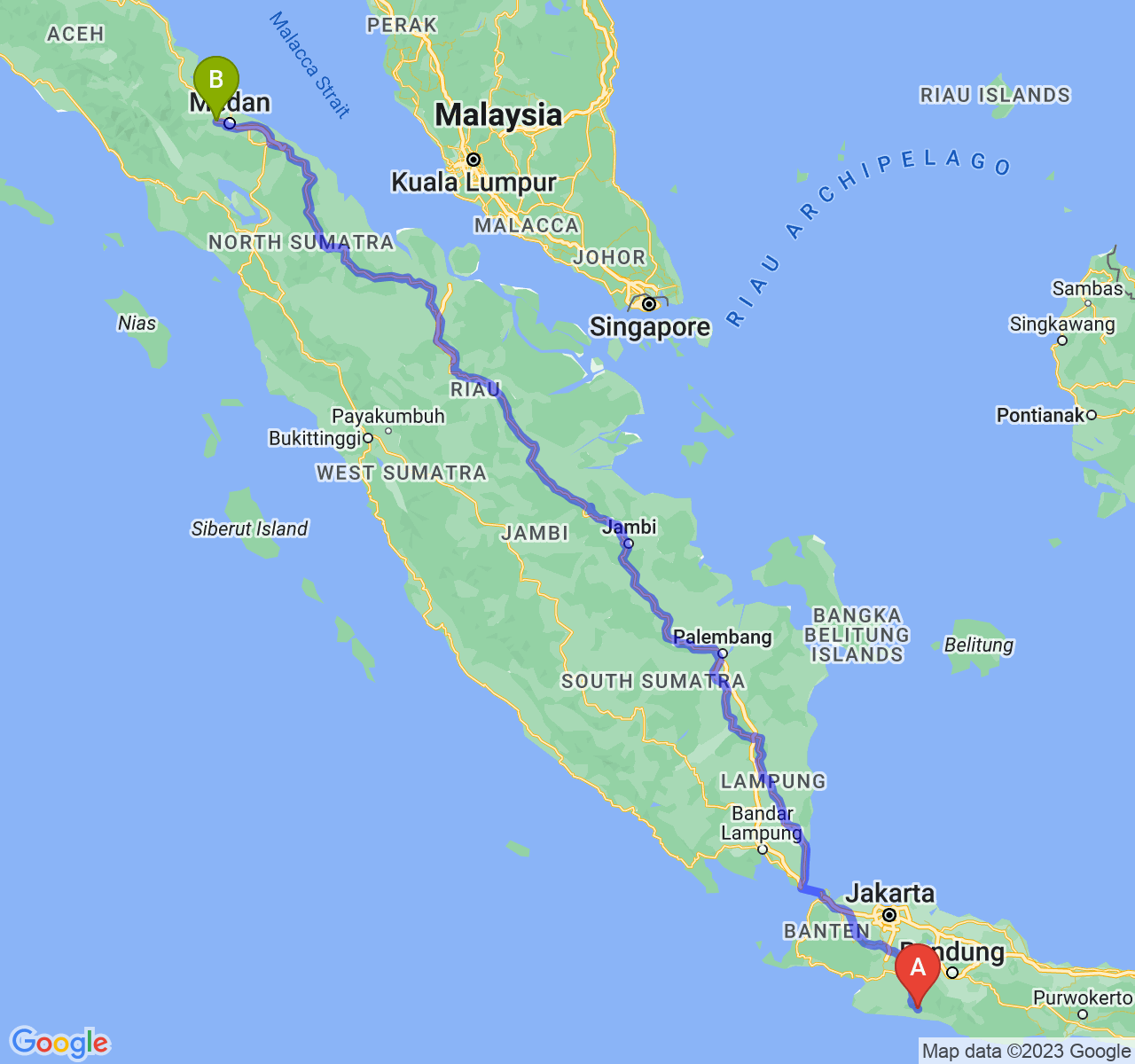 perjalanan dengan rute Kab. Cianjur-Kota Binjai