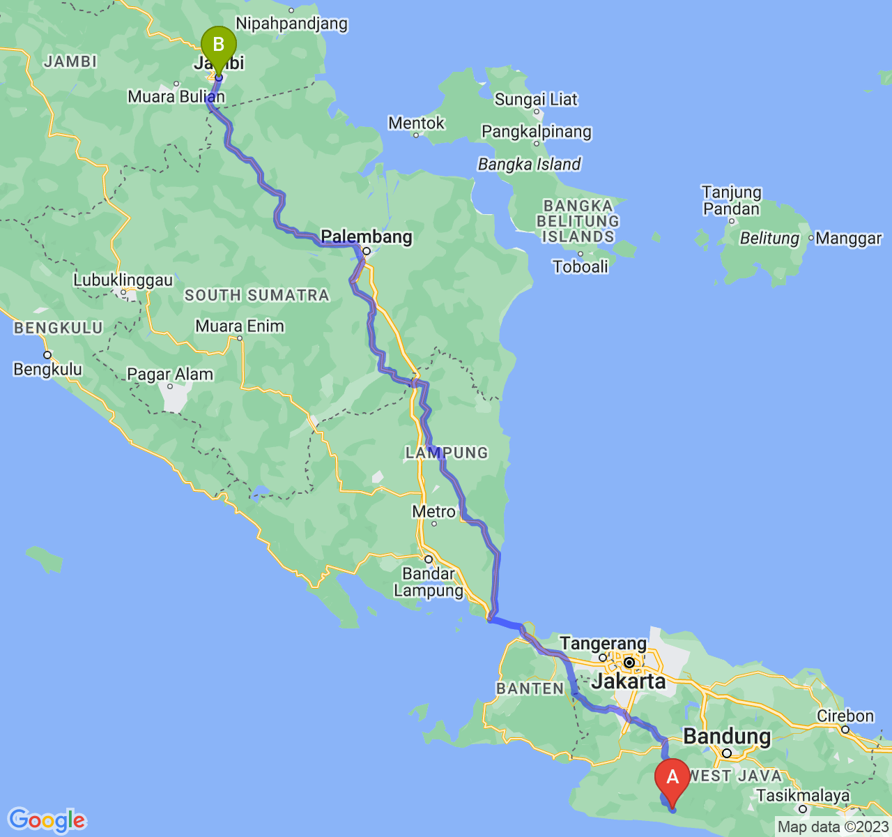 perjalanan dengan rute Kab. Cianjur-Kota Jambi