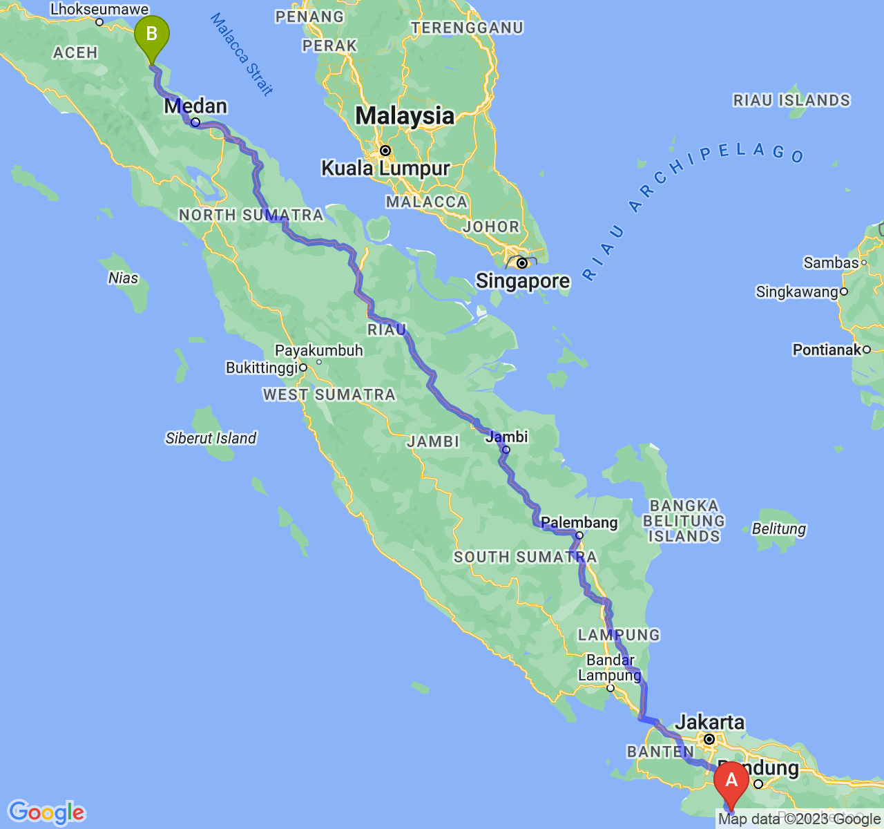 perjalanan dengan rute Kab. Cianjur-Kota Langsa