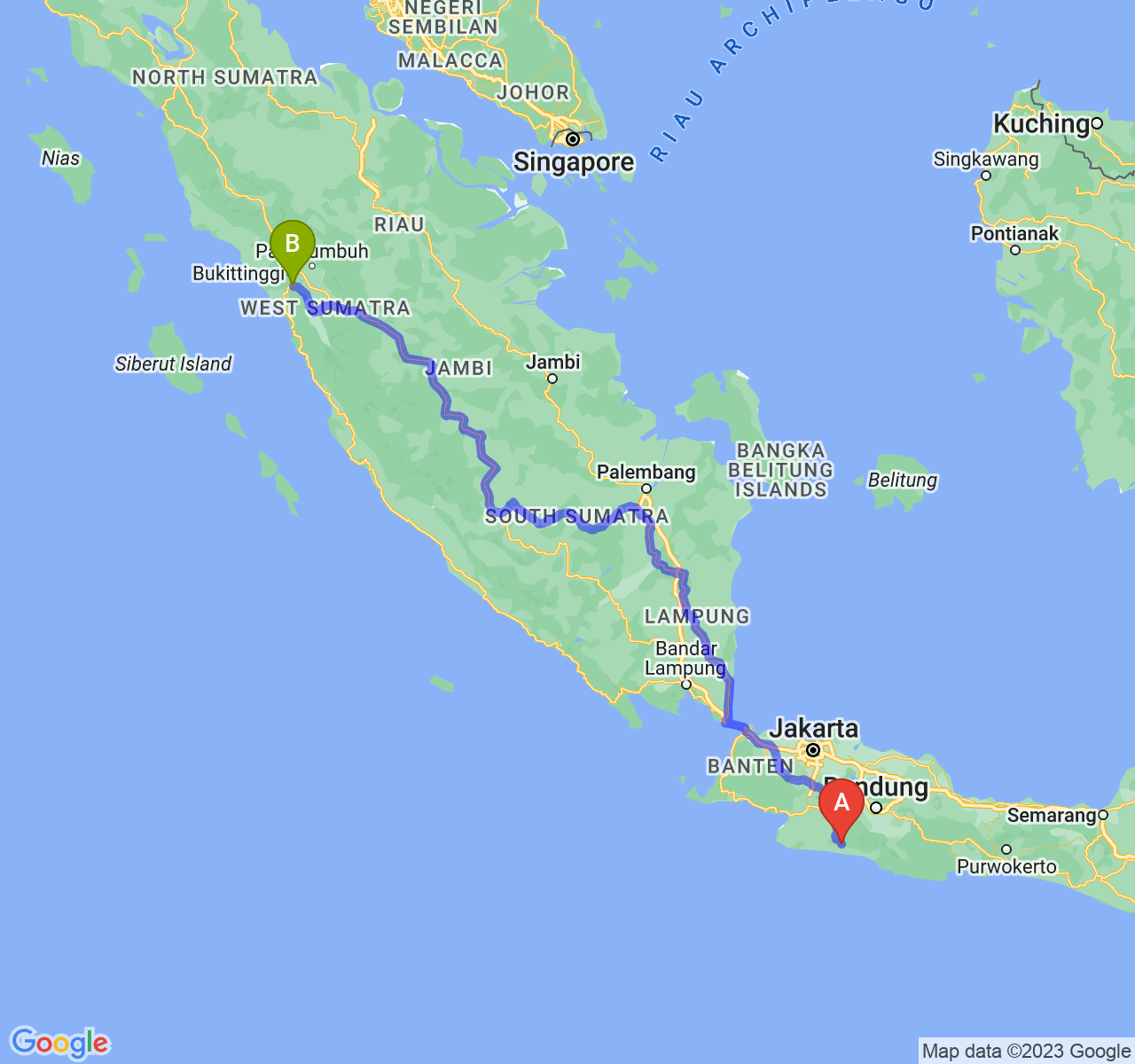 perjalanan dengan rute Kab. Cianjur-Kota Padang Panjang