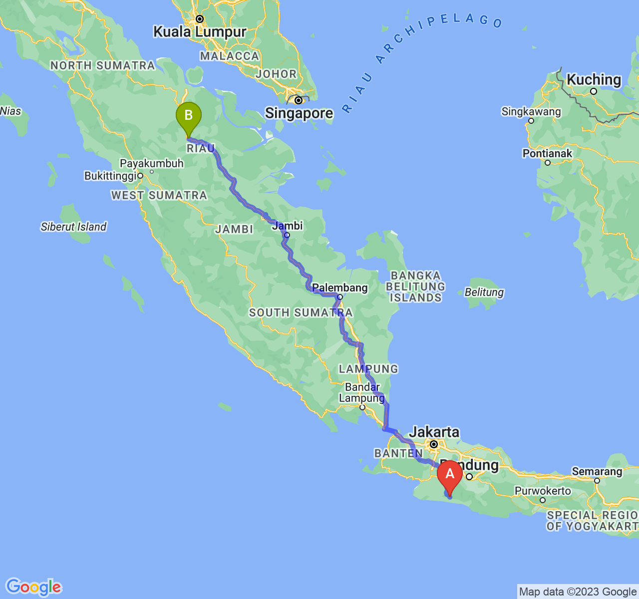 perjalanan dengan rute Kab. Cianjur-Kota Pekanbaru