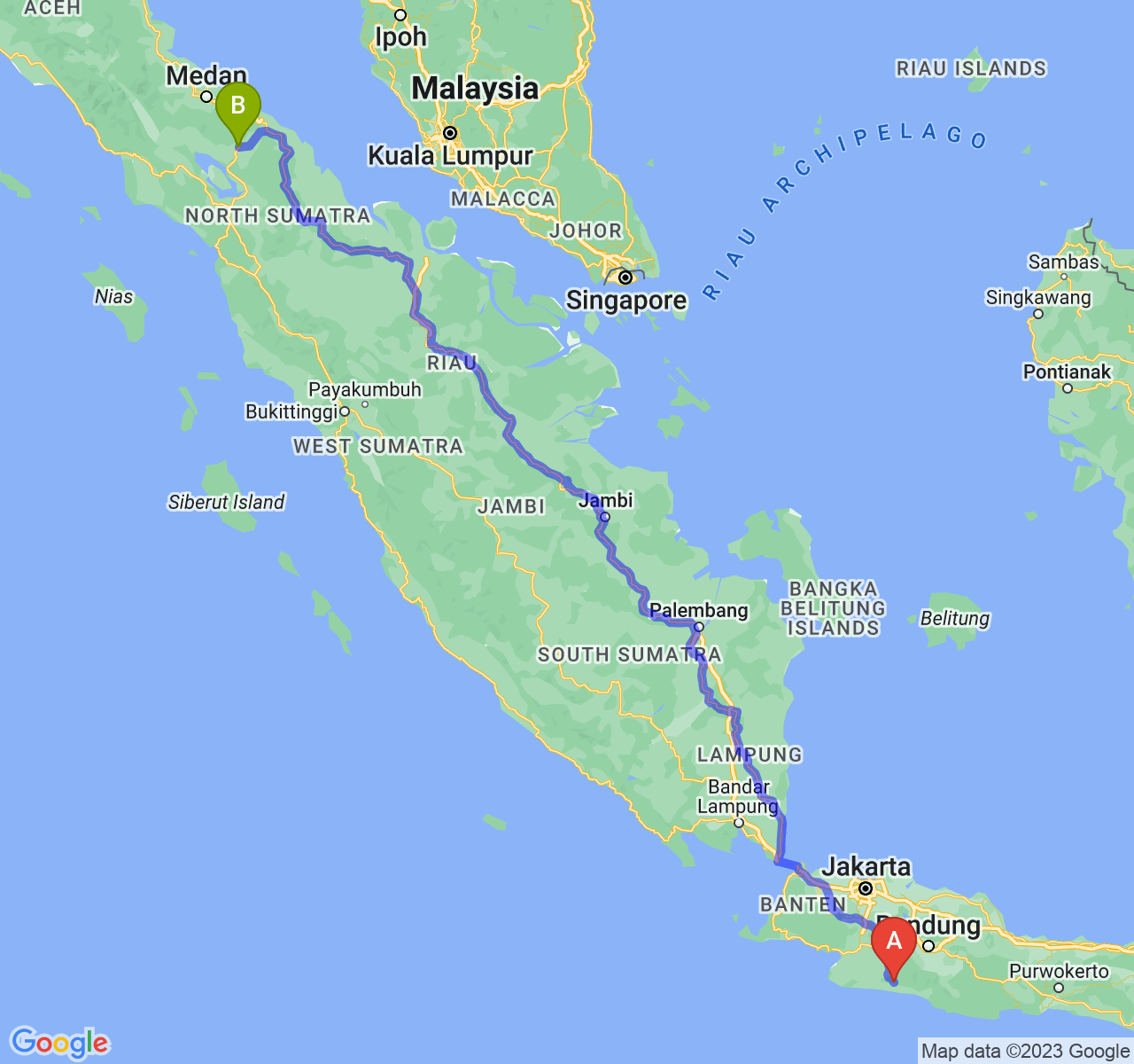 perjalanan dengan rute Kab. Cianjur-Kota Pematangsiantar