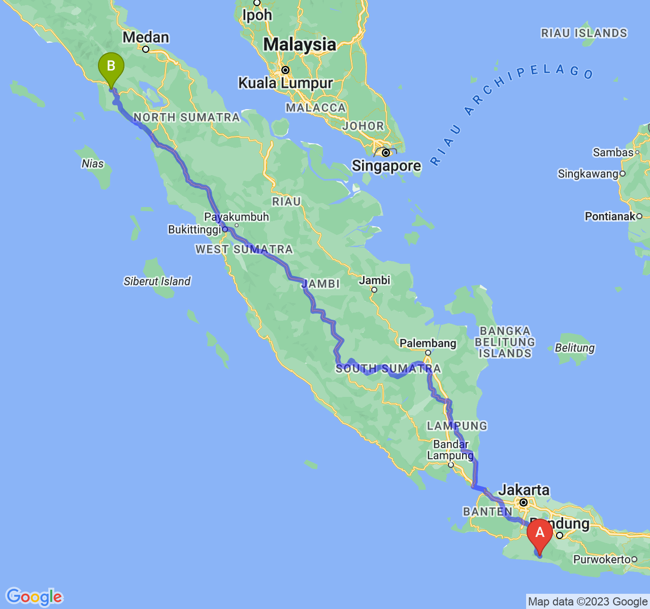 perjalanan dengan rute Kab. Cianjur-Kota Subulussalam