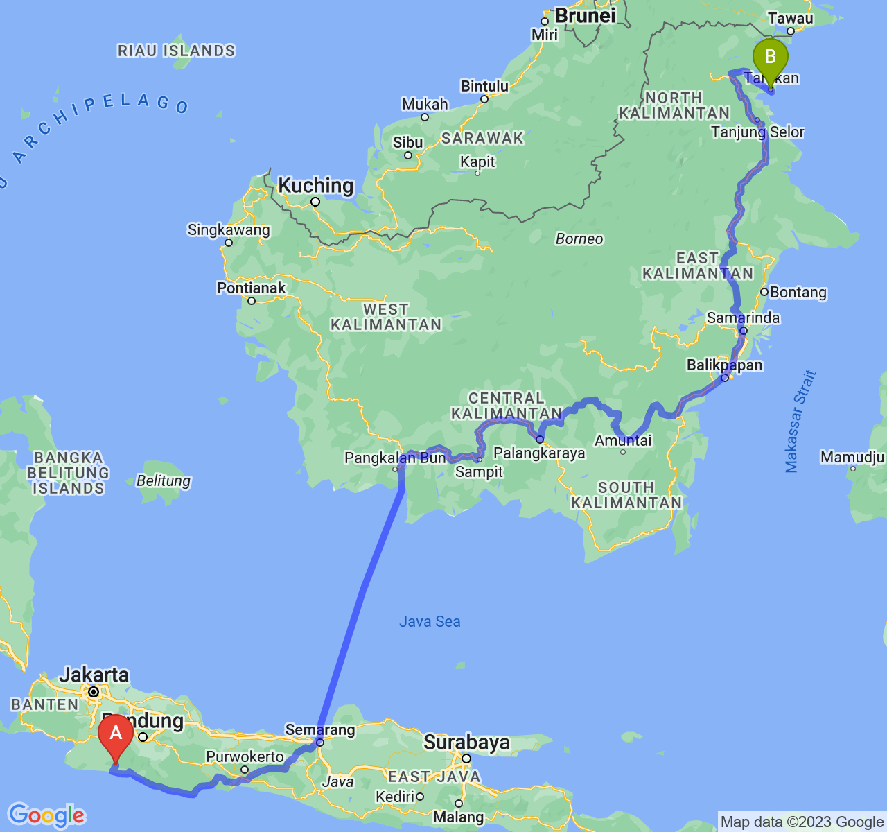 perjalanan dengan rute Kab. Cianjur-Kota Tarakan