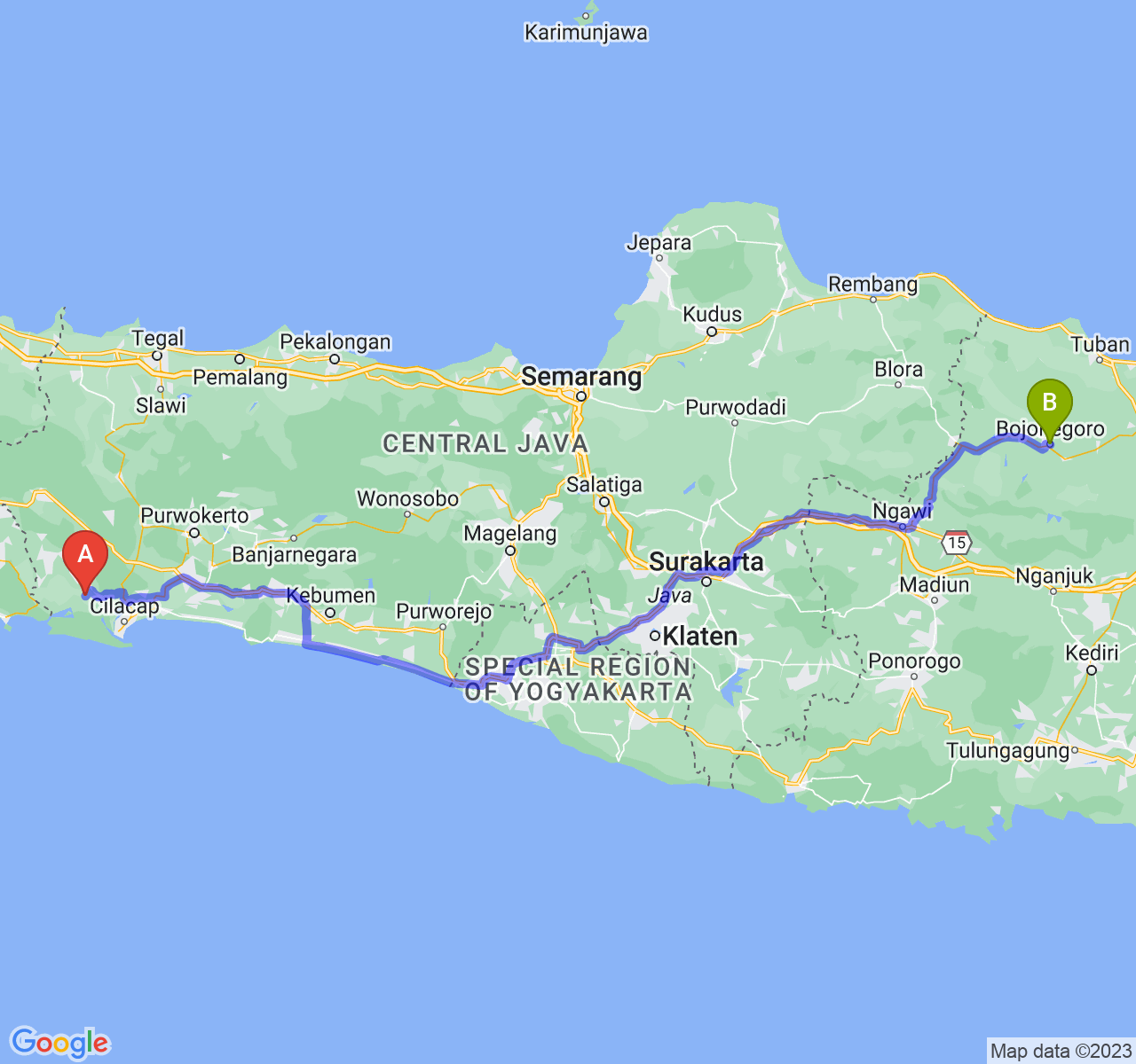 perjalanan dengan rute Kab. Cilacap-Kab. Bojonegoro