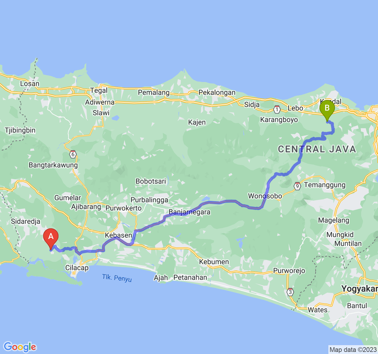 perjalanan dengan rute Kab. Cilacap-Kab. Kendal