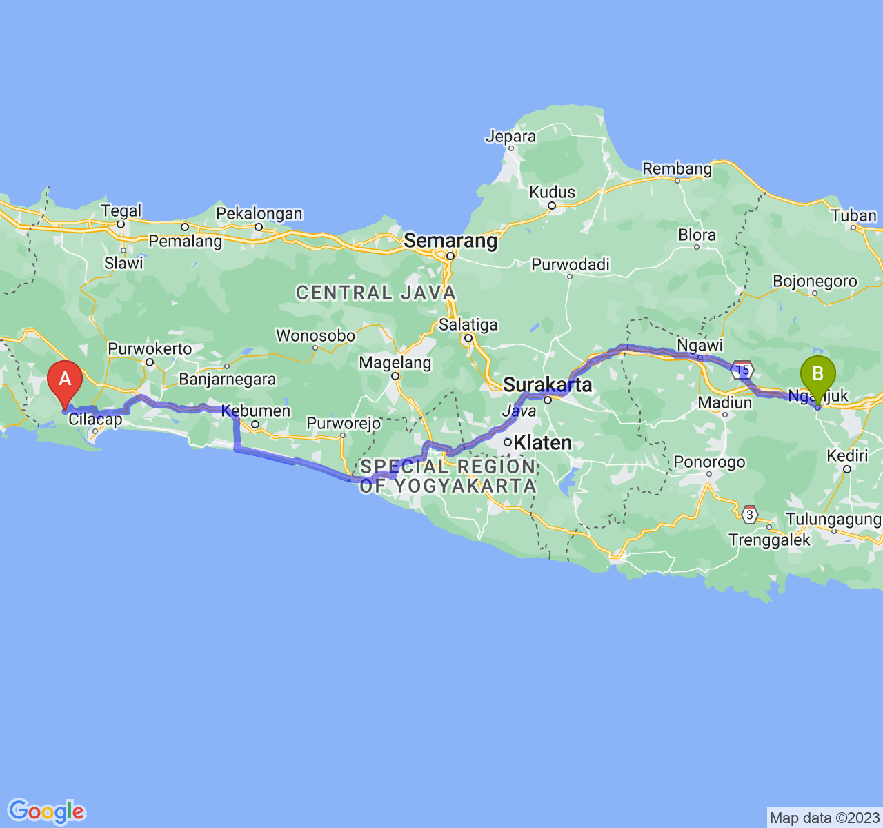 perjalanan dengan rute Kab. Cilacap-Kab. Nganjuk