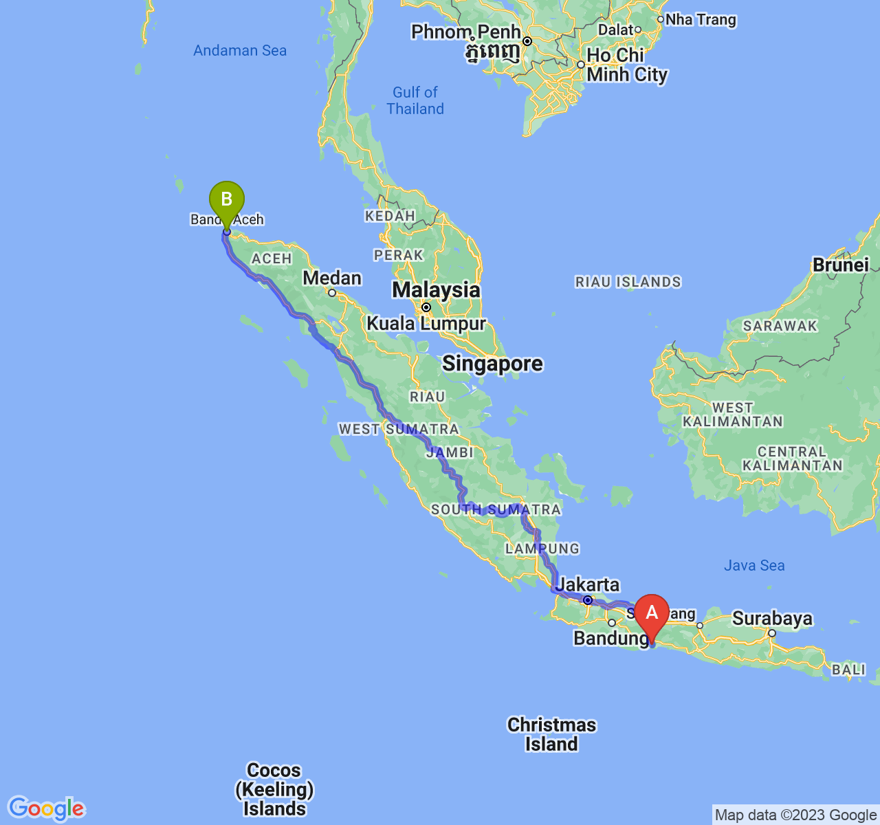 perjalanan dengan rute Kab. Cilacap-Kota Banda Aceh