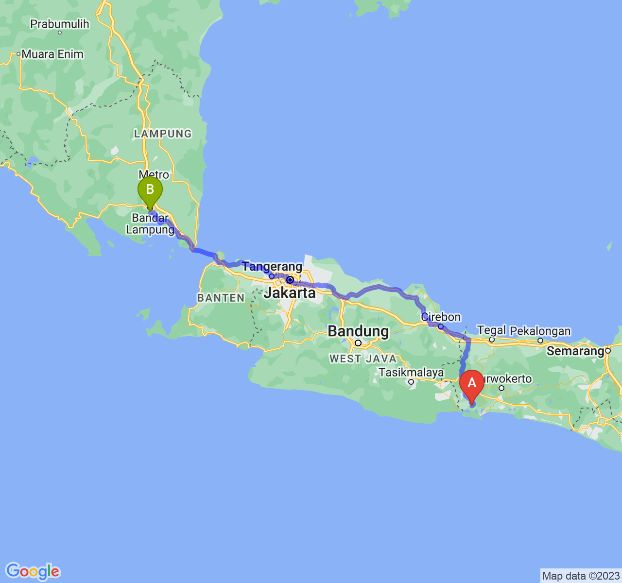 perjalanan dengan rute Kab. Cilacap-Kota Bandar Lampung