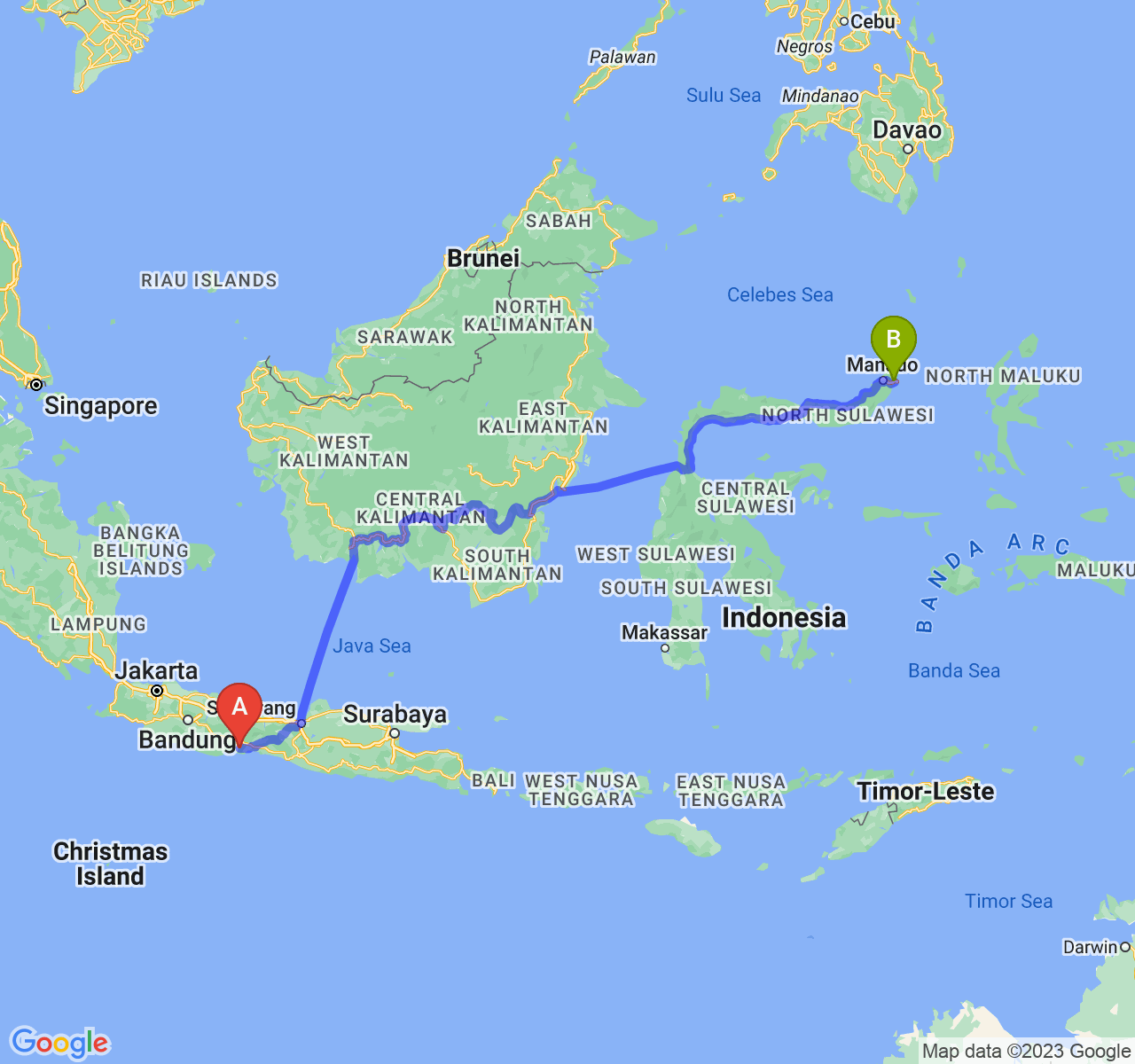 perjalanan dengan rute Kab. Cilacap-Kota Bitung