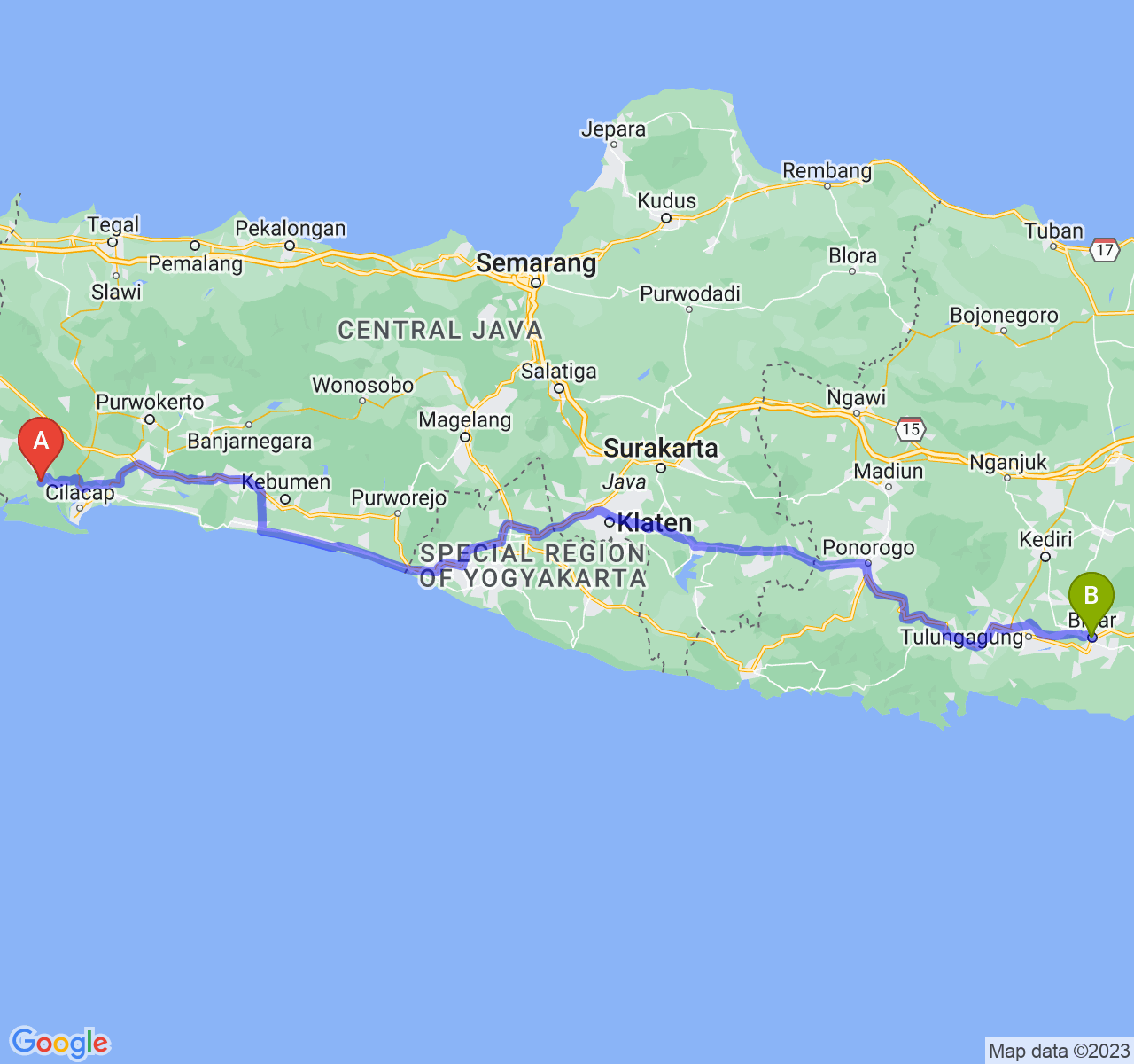 perjalanan dengan rute Kab. Cilacap-Kota Blitar