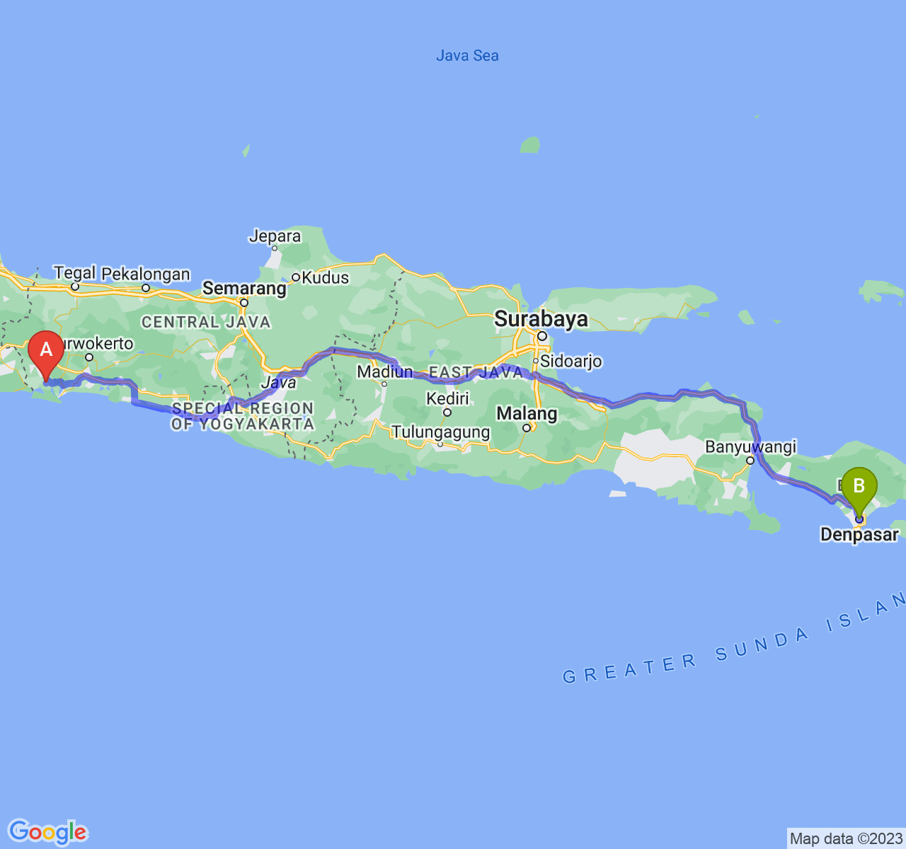 perjalanan dengan rute Kab. Cilacap-Kota Denpasar