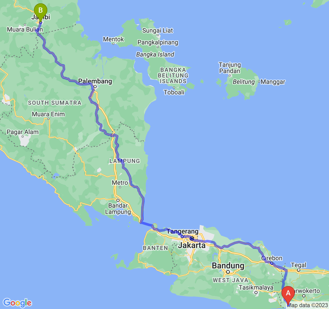 perjalanan dengan rute Kab. Cilacap-Kota Jambi