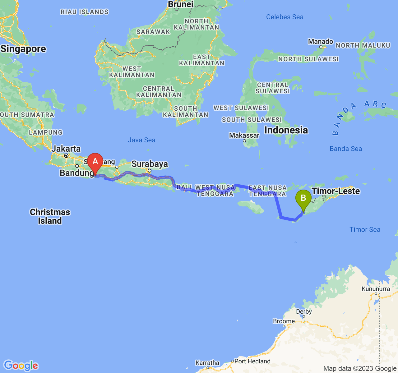 perjalanan dengan rute Kab. Cilacap-Kota Kupang