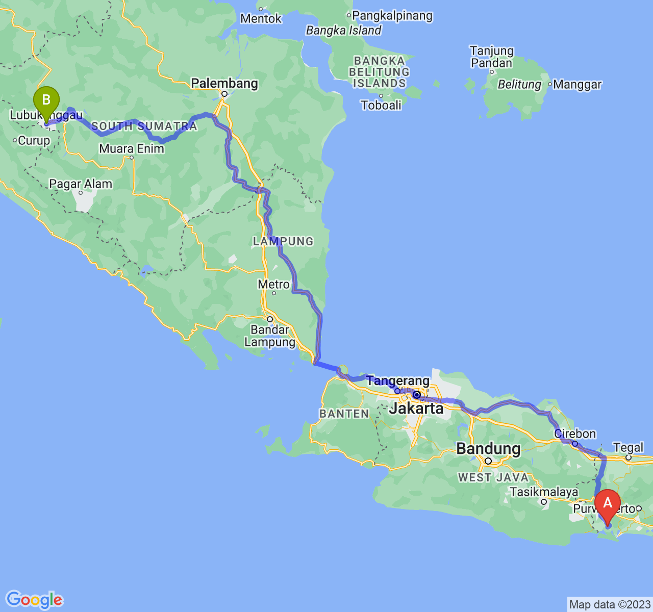 perjalanan dengan rute Kab. Cilacap-Kota Lubuk Linggau