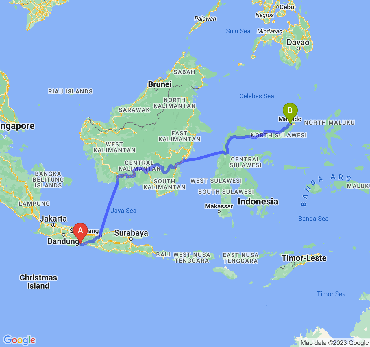 perjalanan dengan rute Kab. Cilacap-Kota Manado