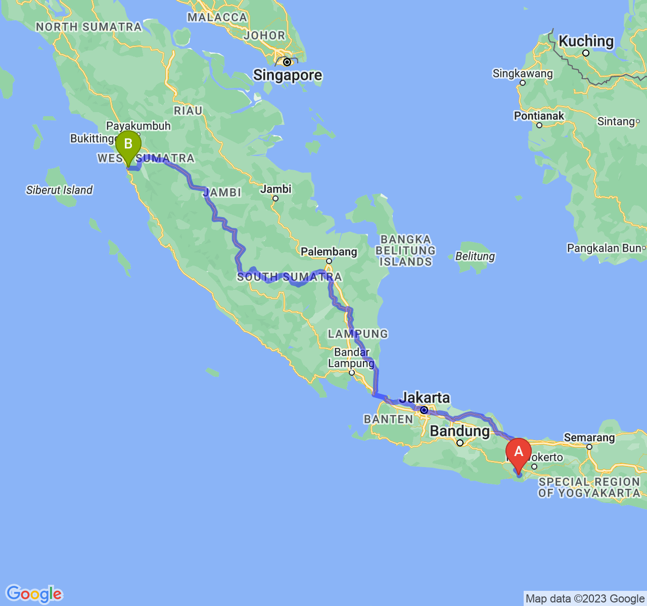 perjalanan dengan rute Kab. Cilacap-Kota Padang