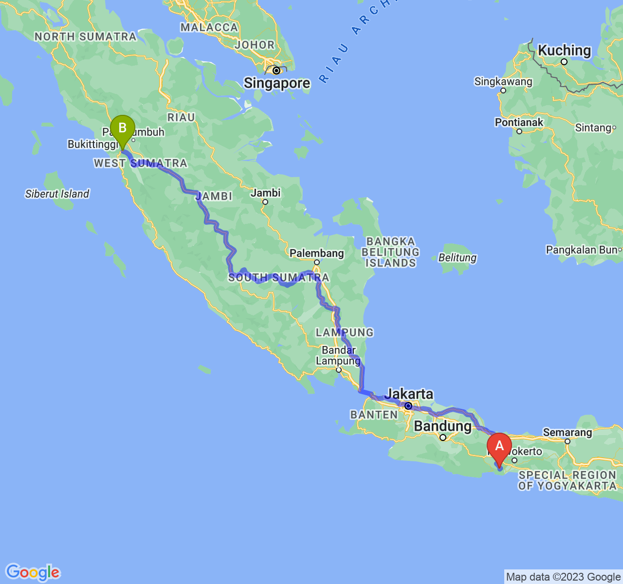 perjalanan dengan rute Kab. Cilacap-Kota Padang Panjang