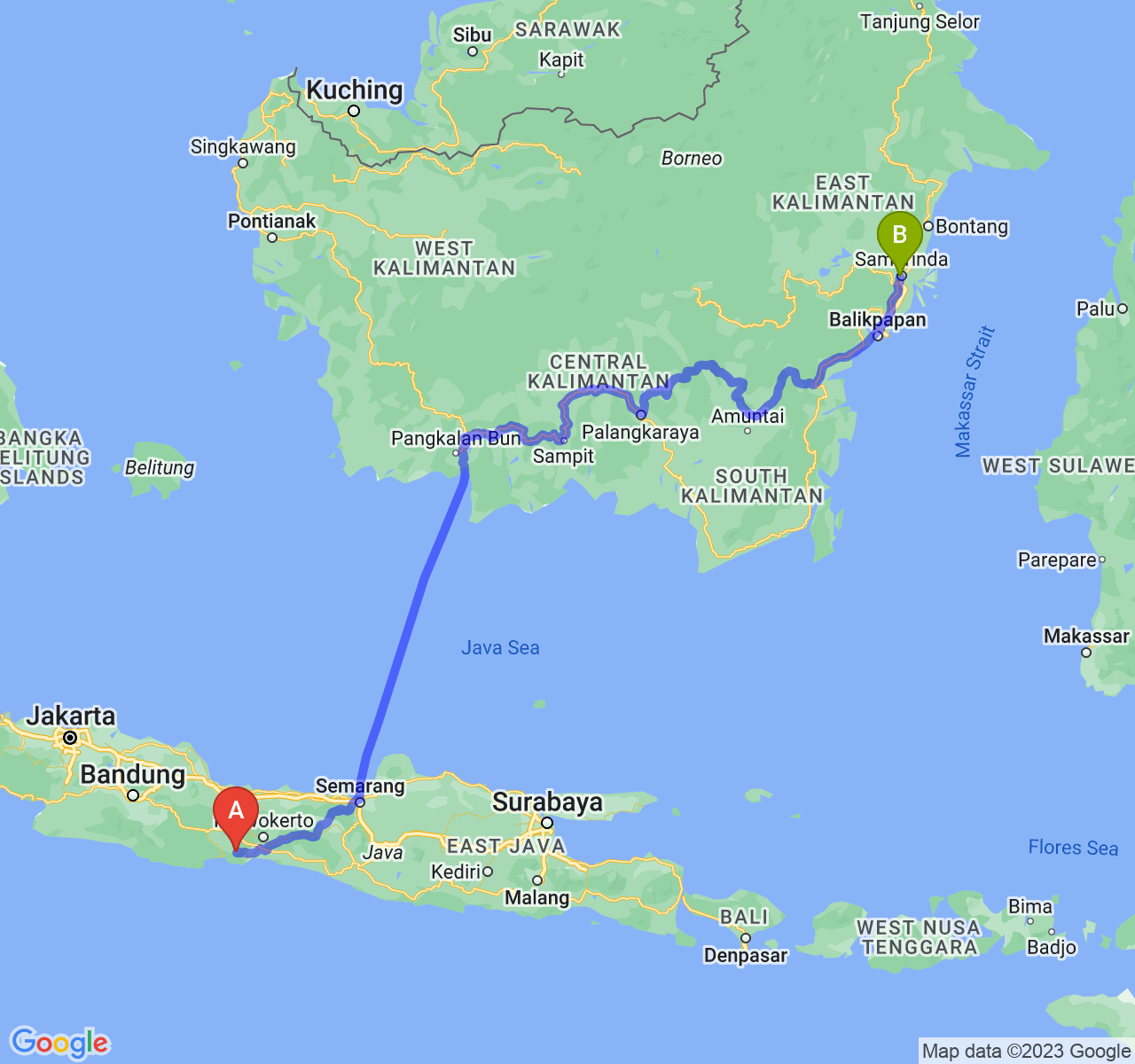 perjalanan dengan rute Kab. Cilacap-Kota Samarinda