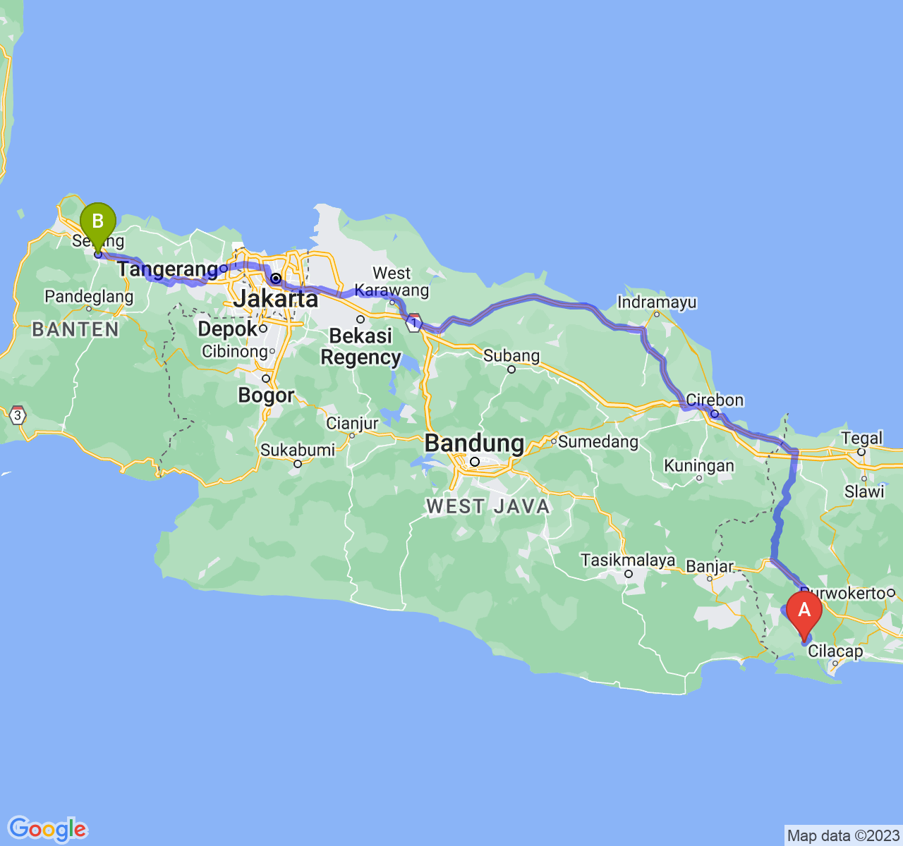 perjalanan dengan rute Kab. Cilacap-Kota Serang