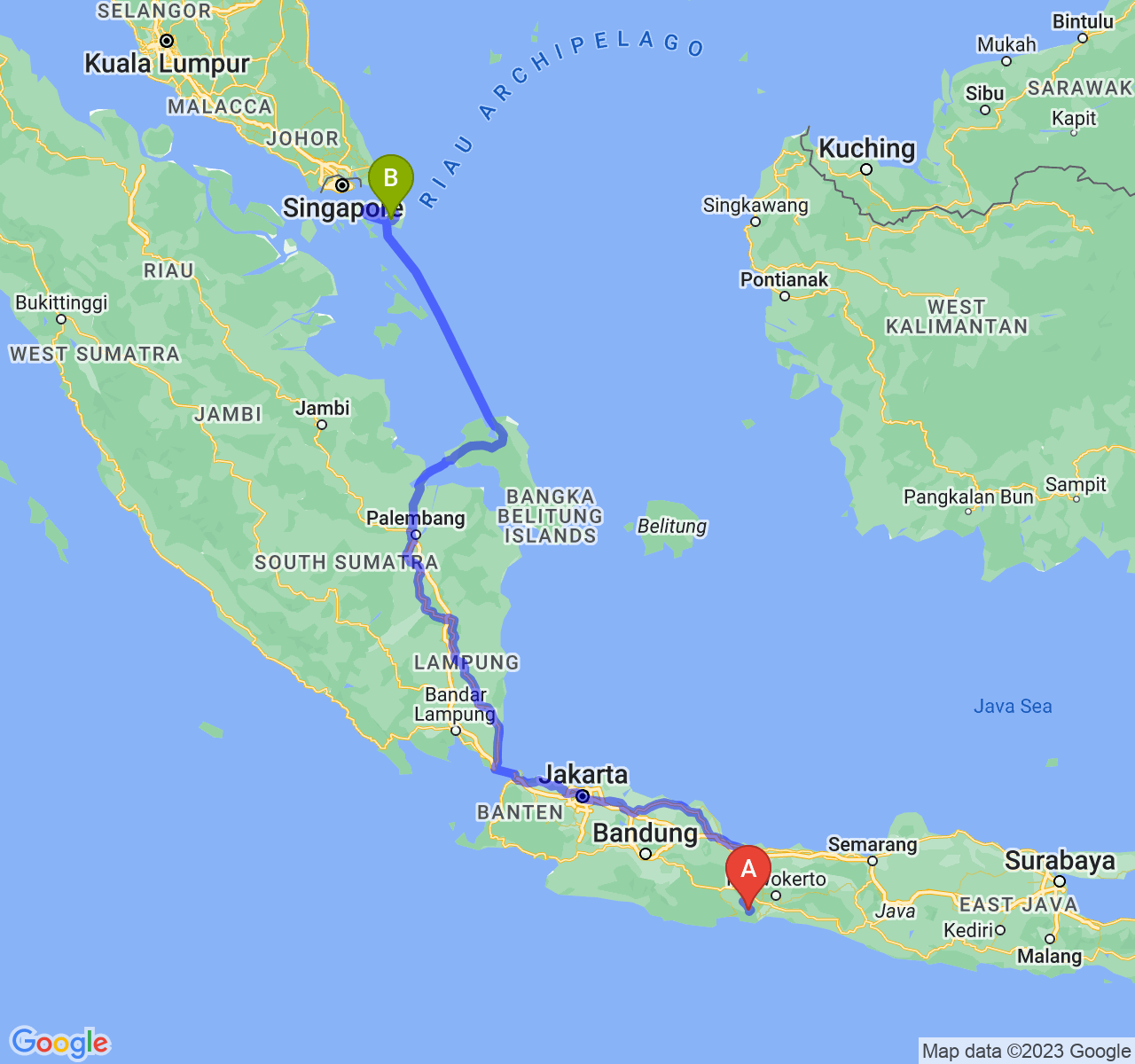 perjalanan dengan rute Kab. Cilacap-Kota Tanjungpinang