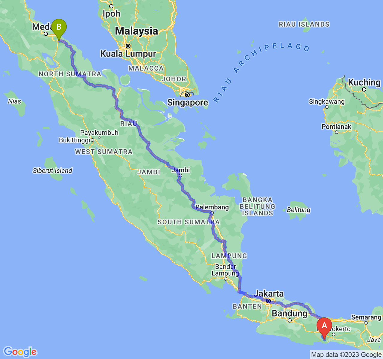 perjalanan dengan rute Kab. Cilacap-Kota Tebing Tinggi