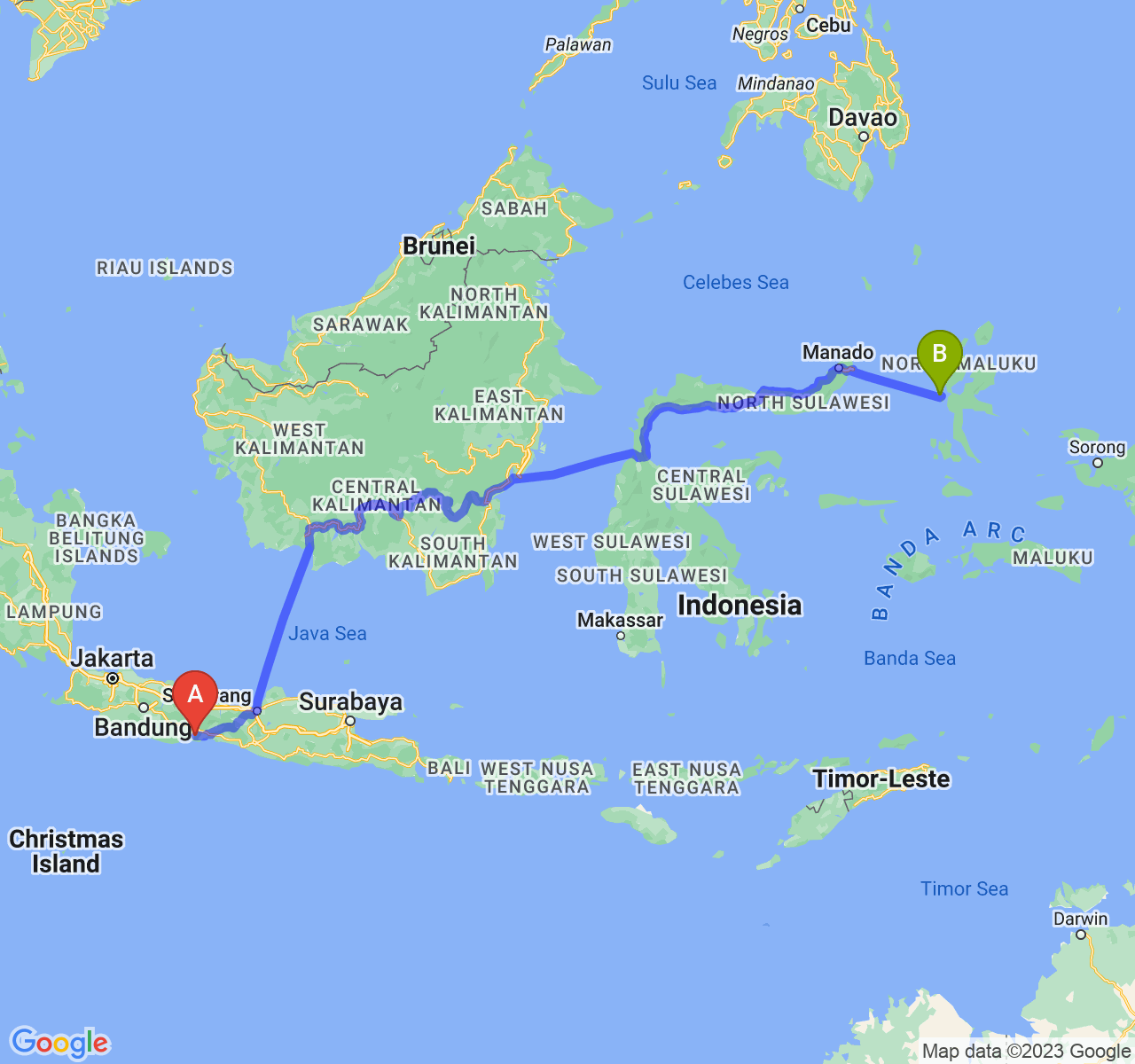 perjalanan dengan rute Kab. Cilacap-Kota Ternate