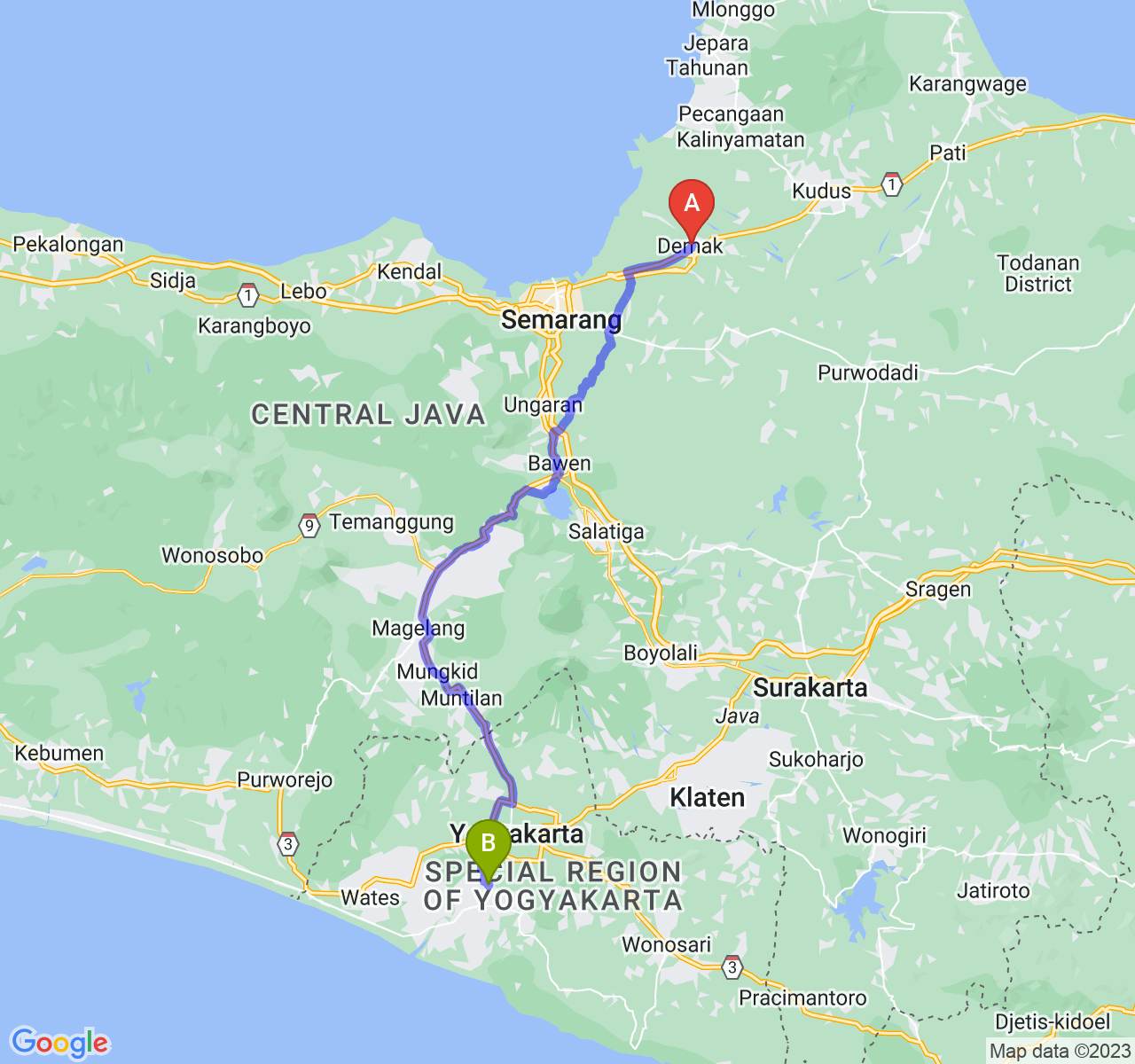 perjalanan dengan rute Kab. Demak-Kab. Bantul