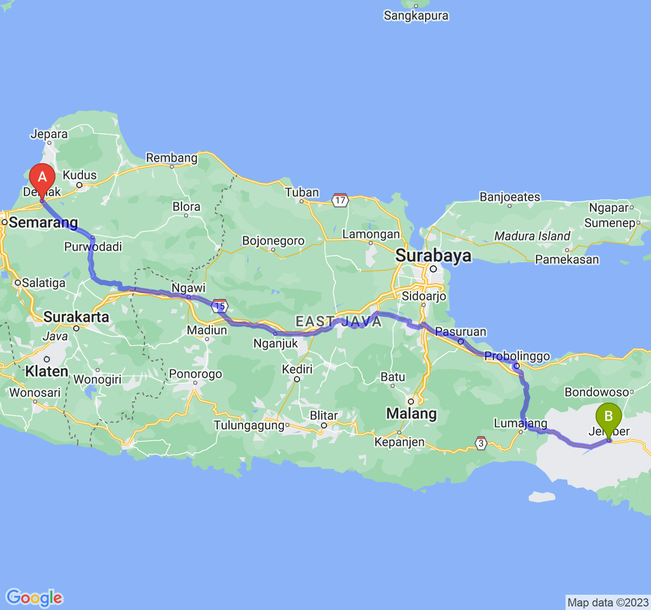 perjalanan dengan rute Kab. Demak-Kab. Jember