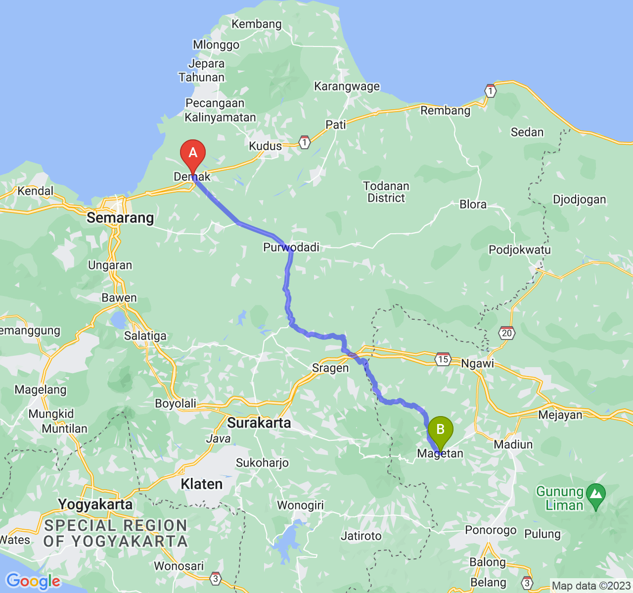 perjalanan dengan rute Kab. Demak-Kab. Magetan