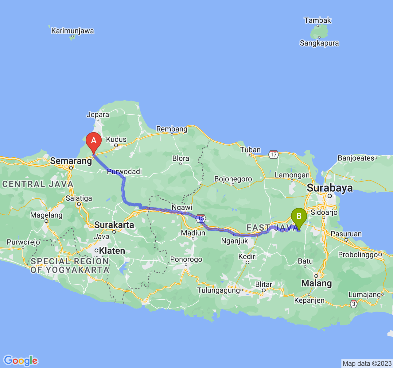 perjalanan dengan rute Kab. Demak-Kab. Mojokerto