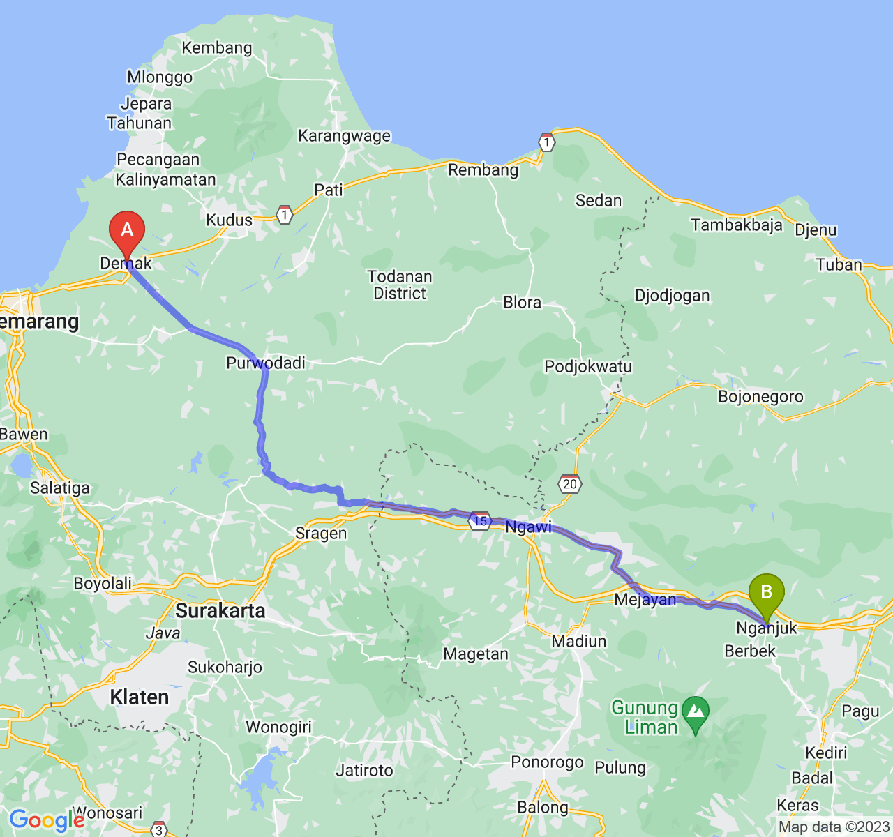 perjalanan dengan rute Kab. Demak-Kab. Nganjuk