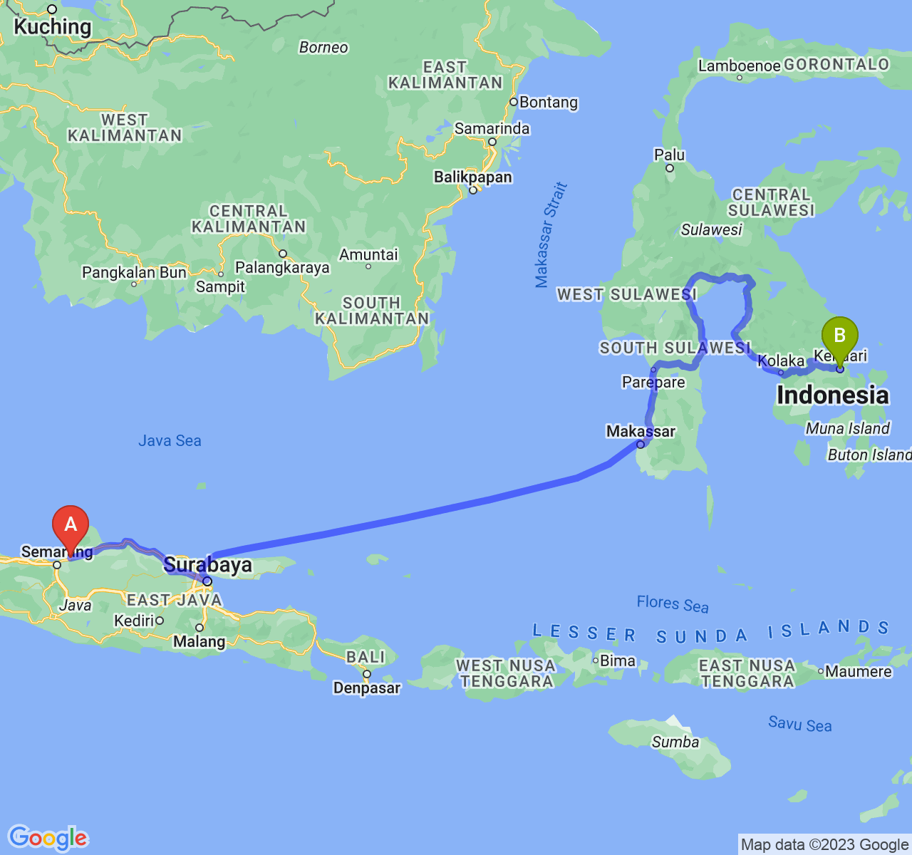 perjalanan dengan rute Kab. Demak-Kota Kendari