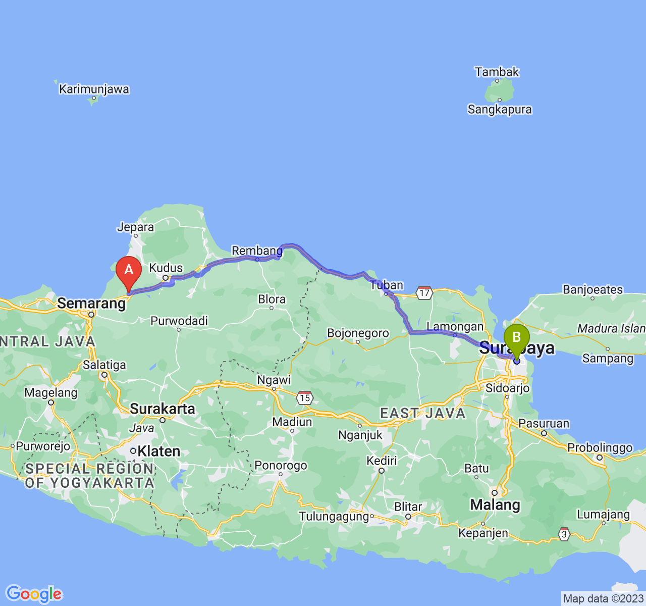 perjalanan dengan rute Kab. Demak-Kota Surabaya