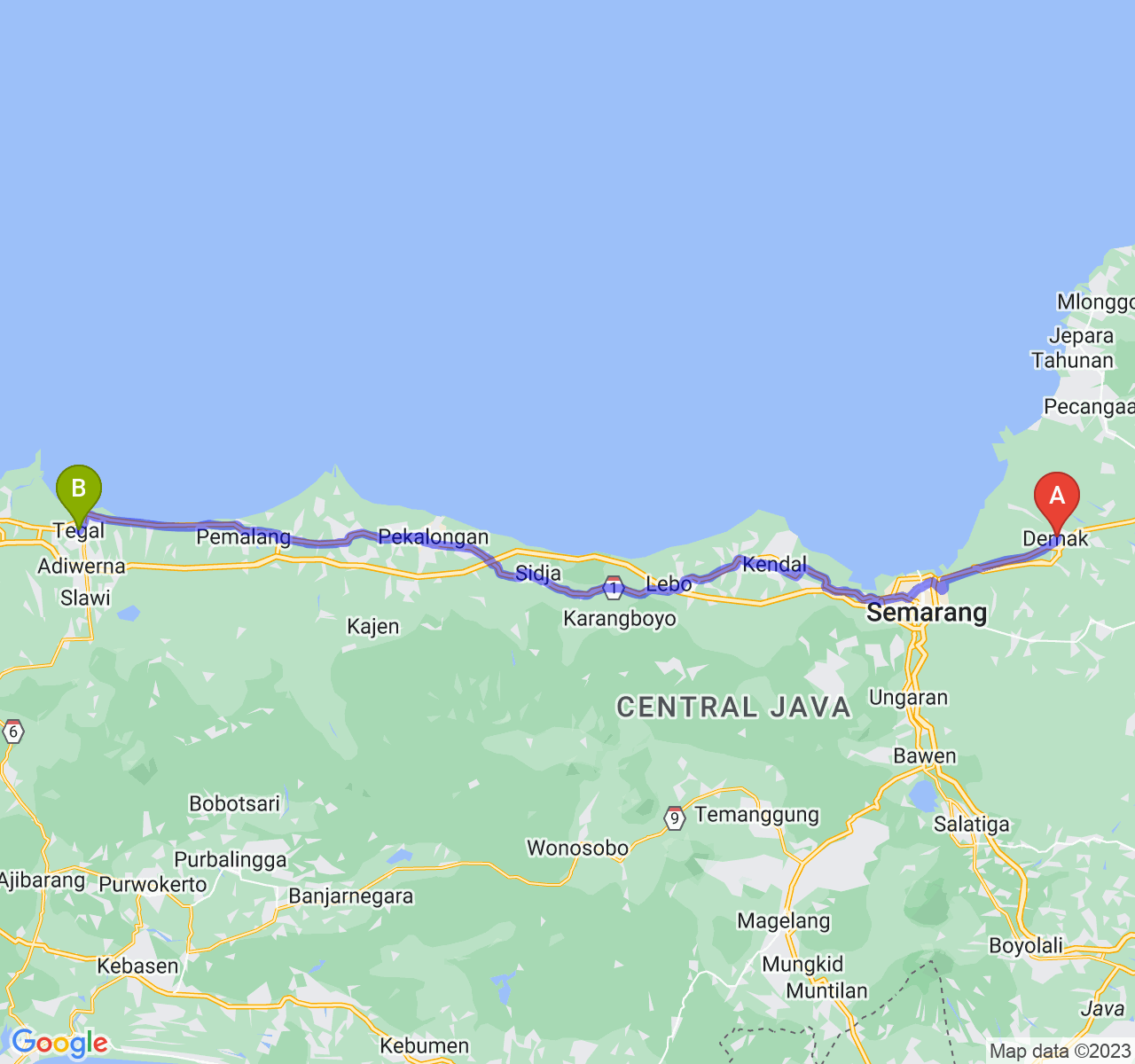 perjalanan dengan rute Kab. Demak-Kota Tegal