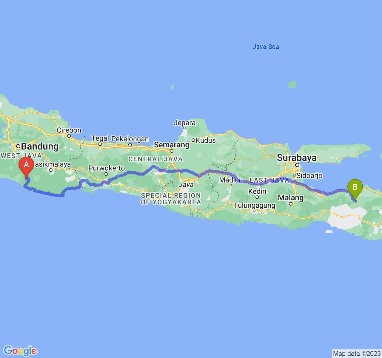 perjalanan dengan rute Kab. Garut-Kab. Bondowoso